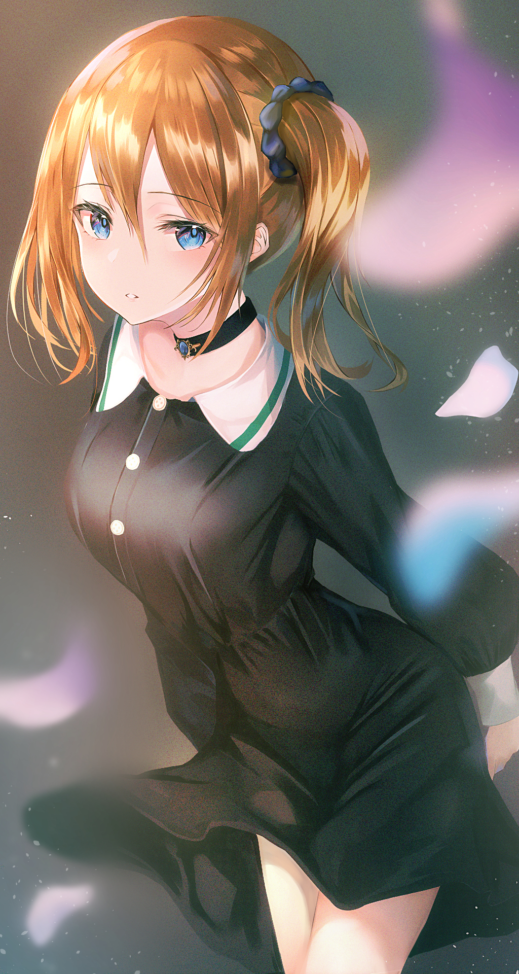 1girl arms_behind_back bangs black_choker black_dress blonde_hair blue_eyes blue_scrunchie blurry blurry_foreground blush breasts buttons choker collarbone collared_dress commentary_request cowboy_shot dress eyebrows_visible_through_hair grey_background hair_between_eyes hair_ornament hair_scrunchie hayasaka_ai highres kaguya-sama_wa_kokurasetai_~tensai-tachi_no_renai_zunousen~ light_particles long_hair long_sleeves looking_at_viewer medium_breasts parted_lips scrunchie side_ponytail sidelocks solo standing wind wind_lift yk_(pixiv43531291)