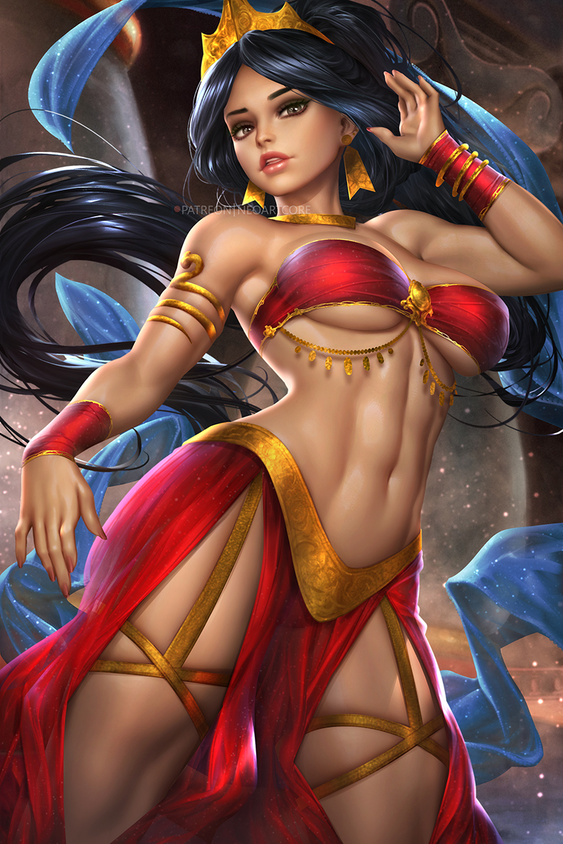 1girl aladdin_(disney) arm_up black_hair breasts cowboy_shot crown dark-skinned_female dark_skin floating_hair jasmine_(disney) linea_alba long_hair medium_breasts navel neoartcore parted_lips solo very_long_hair