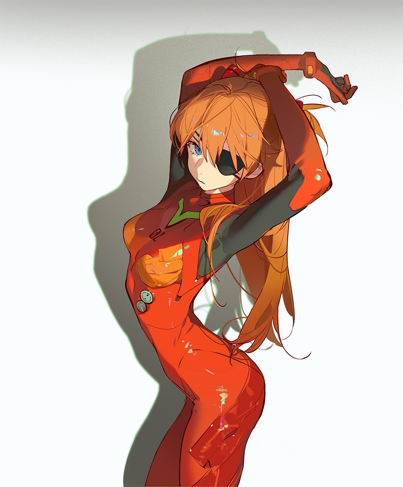 1girl arched_back arms_up ask_(askzy) blue_eyes bodysuit breasts closed_mouth commentary_request evangelion:_3.0_you_can_(not)_redo expressionless from_side gloves hair_ornament long_hair looking_at_viewer looking_to_the_side medium_breasts neon_genesis_evangelion number orange_hair plugsuit rebuild_of_evangelion red_bodysuit red_gloves shikinami_asuka_langley simple_background skin_tight solo souryuu_asuka_langley white_background