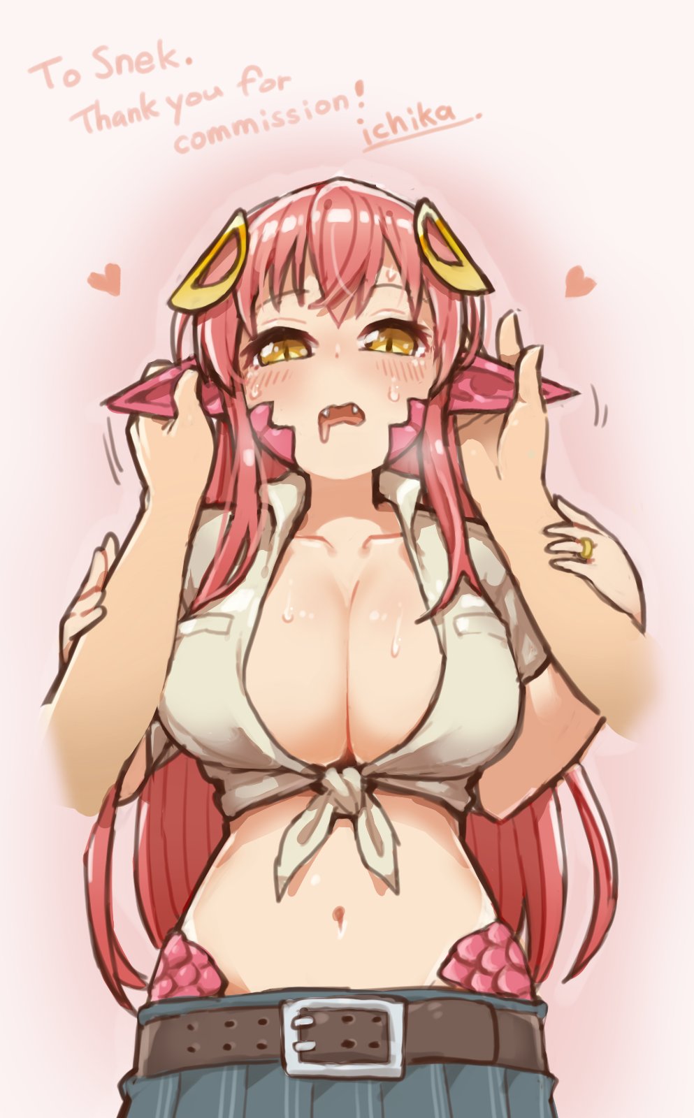 1girl belt belt_buckle blush breasts buckle collarbone commission drooling ear_grab earjob fangs hair_ornament hairclip heart highres ichika_(ichika_manga) jewelry lamia large_breasts long_hair looking_at_viewer midriff miia_(monster_musume) monster_girl monster_musume_no_iru_nichijou navel open_mouth pointy_ears pov pov_hands redhead ring scales shirt skeb_commission skirt solo_focus sweat tied_shirt wedding_band yellow_eyes