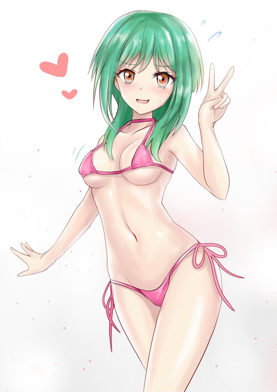 1girl :d anjou_tokoha bikini blush breasts cardfight!!_vanguard_g collarbone commentary_request covered_nipples embarrassed eyebrows_visible_through_hair furrowed_eyebrows green_hair heart highres long_hair medium_breasts navel open_mouth orange_eyes pink_bikini r-binon simple_background smile solo standing sweatdrop swimsuit v