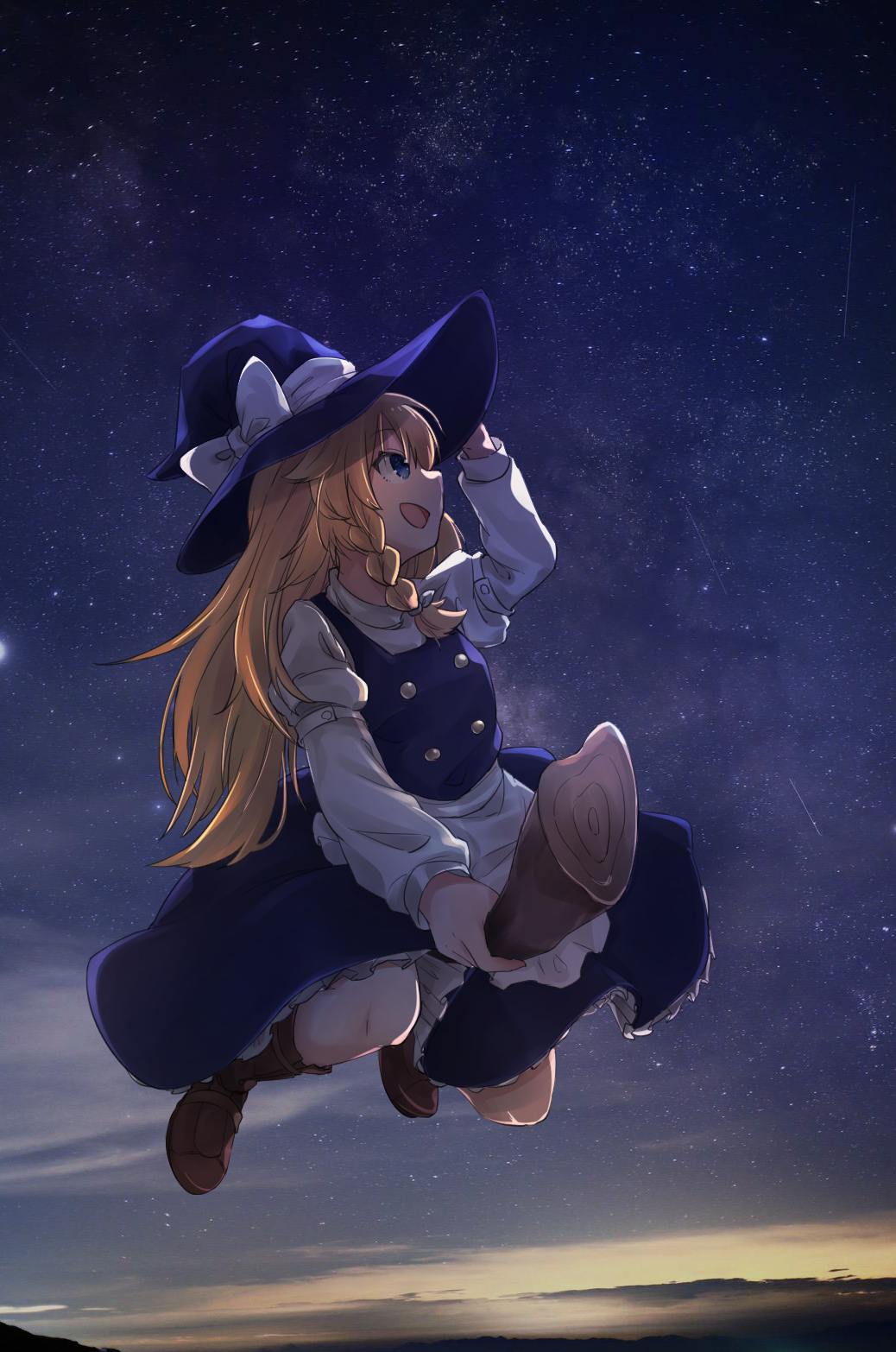 1girl apron black_headwear black_skirt blonde_hair boots bow braid broom broom_riding brown_footwear commentary_request gunsou1350 hand_on_headwear hat hat_bow highres kirisame_marisa knee_boots kneehighs long_hair long_sleeves looking_to_the_side night night_sky open_mouth skirt sky solo star_(sky) starry_sky touhou witch witch_hat