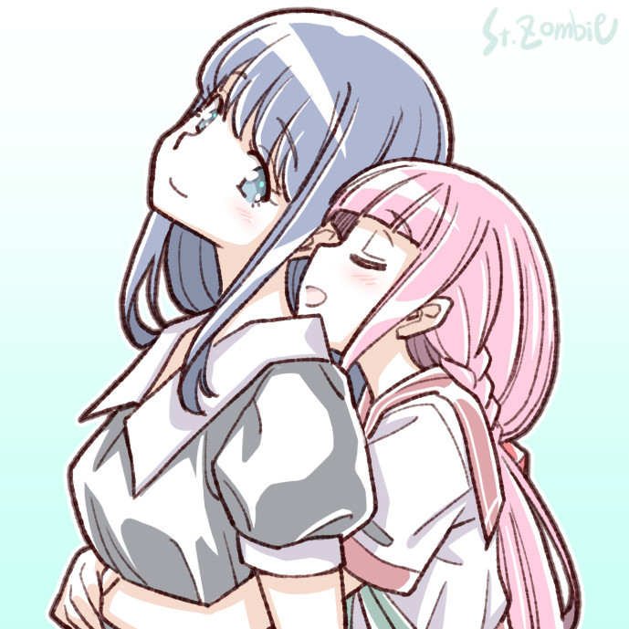 2girls blue_hair braid closed_eyes hug hug_from_behind long_hair low_ponytail magia_record:_mahou_shoujo_madoka_magica_gaiden mahou_shoujo_madoka_magica multiple_girls nanami_yachiyo pink_hair school_uniform serafuku smile studiozombie tamaki_iroha upper_body yuri