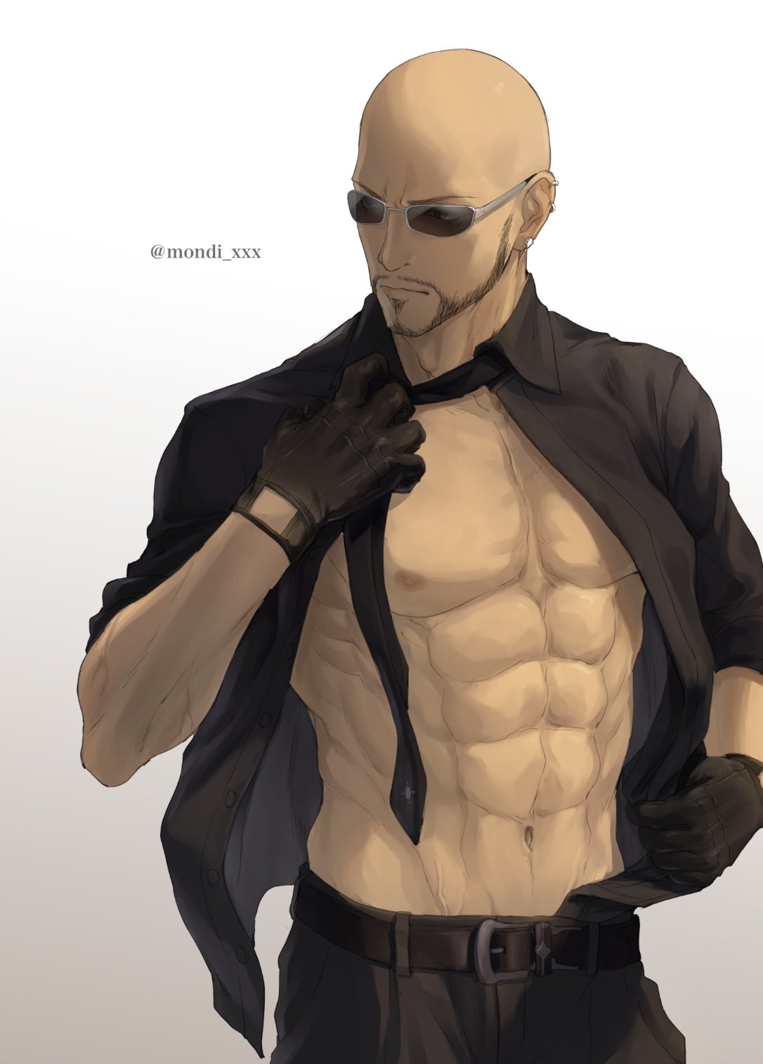 1boy abs bald beard belt black_belt black_gloves black_neckwear black_pants black_shirt closed_mouth collared_shirt commentary_request cowboy_shot ear_piercing earrings facial_hair final_fantasy final_fantasy_vii gloves gradient gradient_background grey_background hand_up highres jewelry male_focus mondi_hl muscular muscular_male mustache navel necktie nipples pants pectorals piercing rude_(ff7) shirt solo sunglasses twitter_username undressing white_background