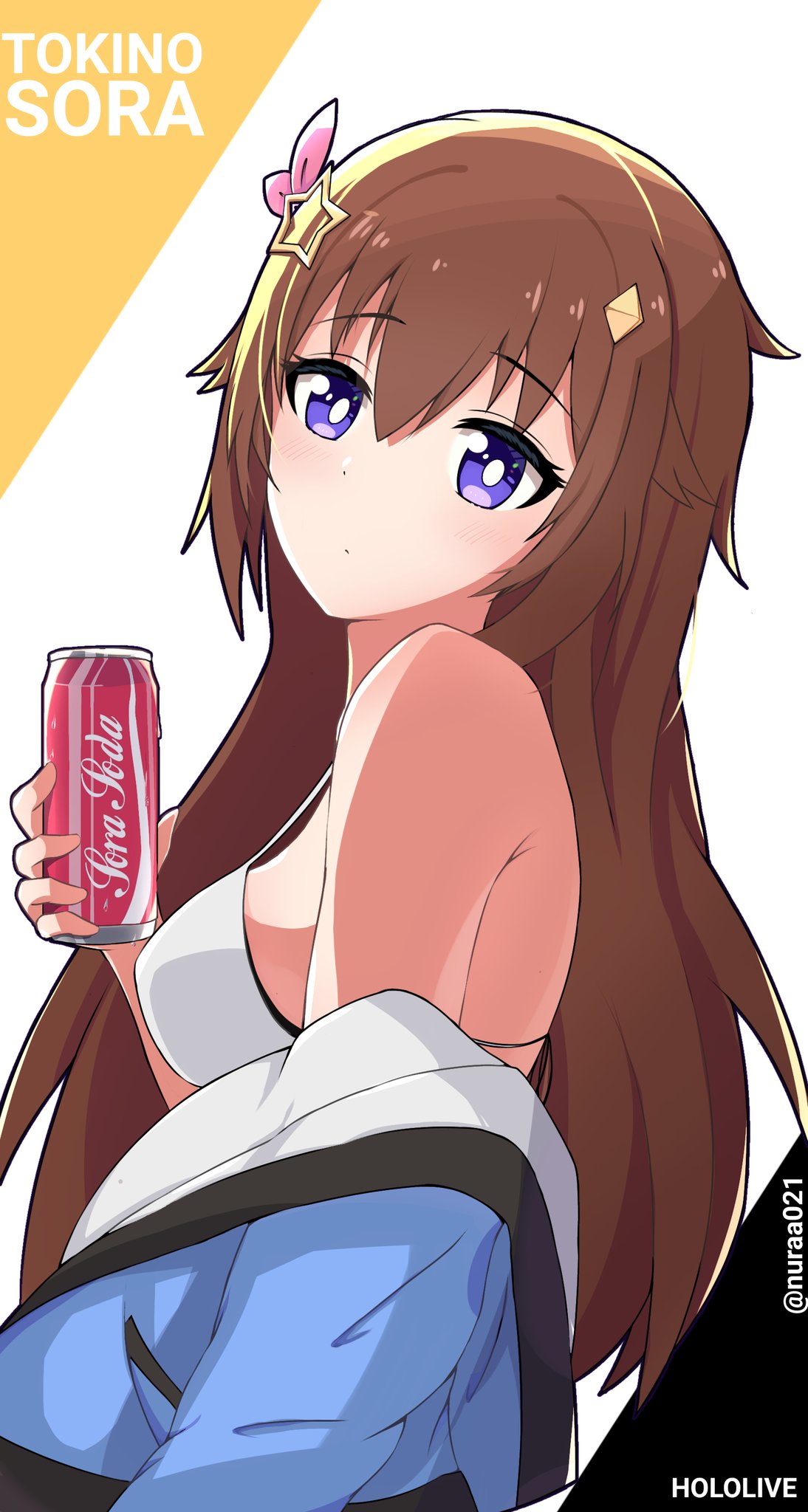 1girl bangs bare_shoulders bikini blue_eyes brand_name_imitation breasts brown_hair can closed_mouth coat coca-cola eyebrows_visible_through_hair from_side hair_between_eyes hair_ornament highres holding holding_can hololive iffyru logo_parody long_hair looking_at_viewer sideboob simple_background soda_can solo strap_gap swimsuit tokino_sora twitter_username