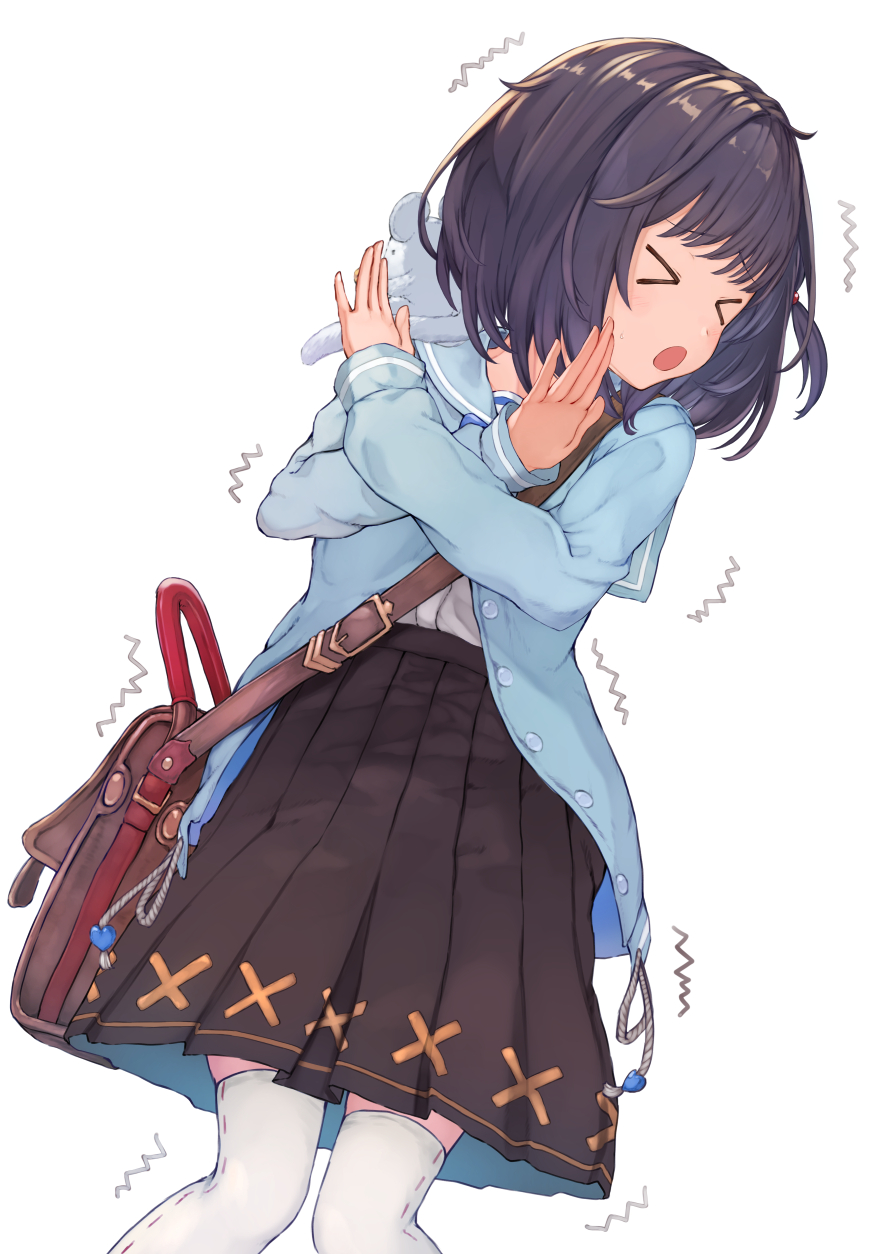 &gt;o&lt; 1girl bag bangs black_hair blue_cardigan blue_jacket bob_cut brown_skirt cardigan closed_eyes dutch_angle granblue_fantasy highres jacket knees_together_feet_apart looking_to_the_side miniskirt open_mouth piisu pleated_skirt sailor_collar short_hair simple_background skirt solo thigh-highs trembling vikala_(granblue_fantasy) white_background white_legwear x_arms