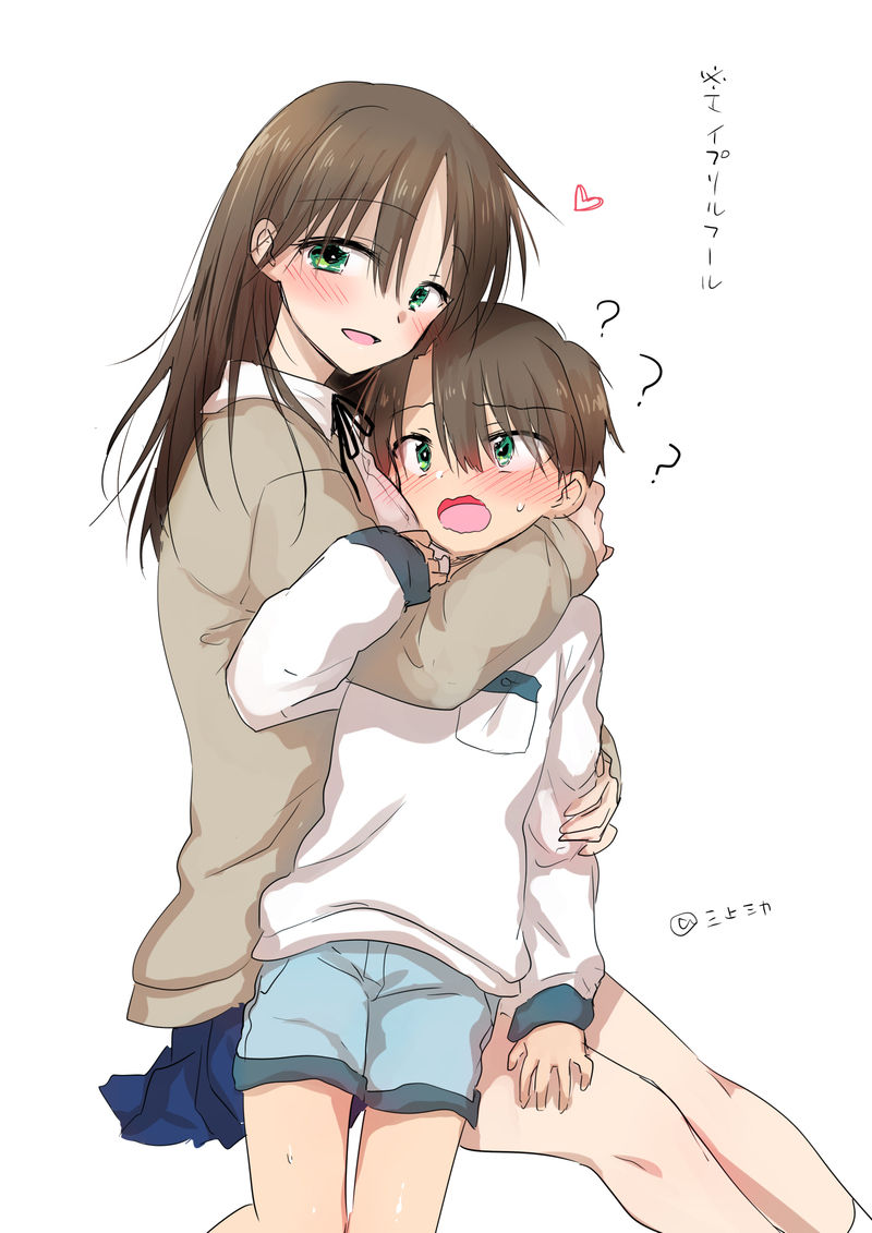 1boy 1girl bangs blush brother_and_sister brown_hair eyebrows_behind_hair eyebrows_visible_through_hair eyes_visible_through_hair full_body green_eyes hair_between_eyes long_hair long_sleeves looking_at_viewer mikami_mika open_mouth original siblings sisters smile solo standing thigh-highs white_background