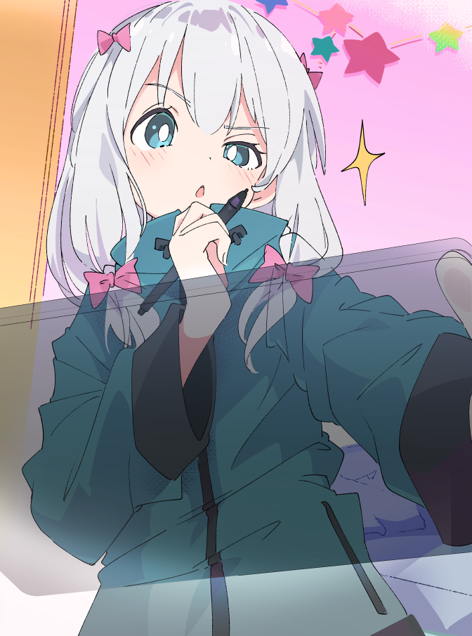 1girl :o blue_eyes blush bow commentary_request eromanga_sensei eyebrows_visible_through_hair green_jacket hair_bow holding holding_stylus ixy izumi_sagiri jacket long_sleeves looking_at_viewer pink_bow sky solo sparkle star_(symbol) stylus tablet_pc white_hair