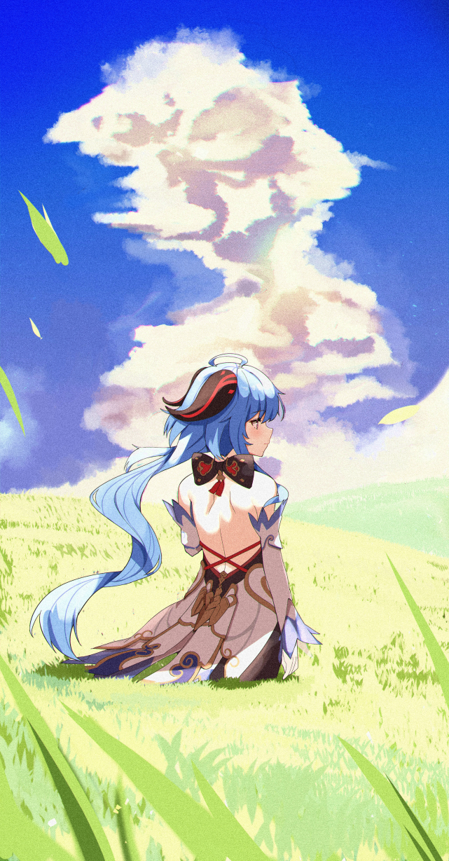1girl ahoge back backless_outfit bare_shoulders blue_hair blue_sky clouds day detached_sleeves expressionless ganyu_(genshin_impact) genshin_impact goat_horns grass highres horns long_hair long_sleeves looking_away looking_to_the_side low_ponytail meadow outdoors profile shoulder_blades sky solo standing sunlight very_long_hair w.k wavy_hair
