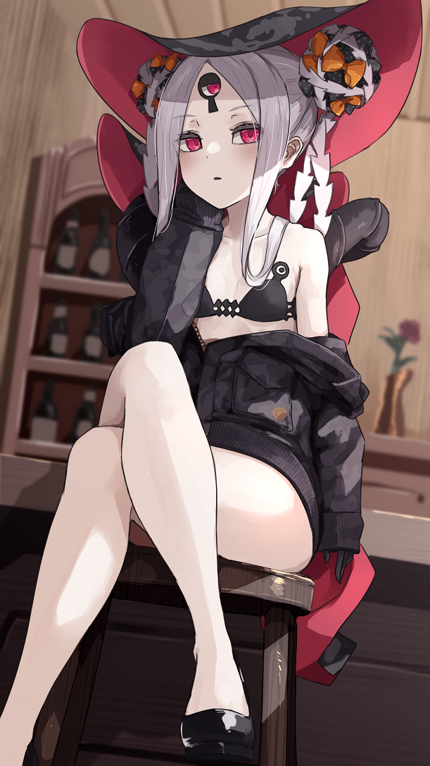 1girl abigail_williams_(fate) abigail_williams_(swimsuit_foreigner)_(fate) bangs bare_shoulders bikini black_bikini black_bow black_jacket bow breasts collarbone colored_skin crossed_legs double_bun fate/grand_order fate_(series) forehead jacket keyhole kopaka_(karda_nui) legs long_hair multiple_bows off_shoulder orange_bow parted_bangs parted_lips red_eyes sidelocks sitting small_breasts stool swimsuit thighs third_eye very_long_hair white_hair white_skin