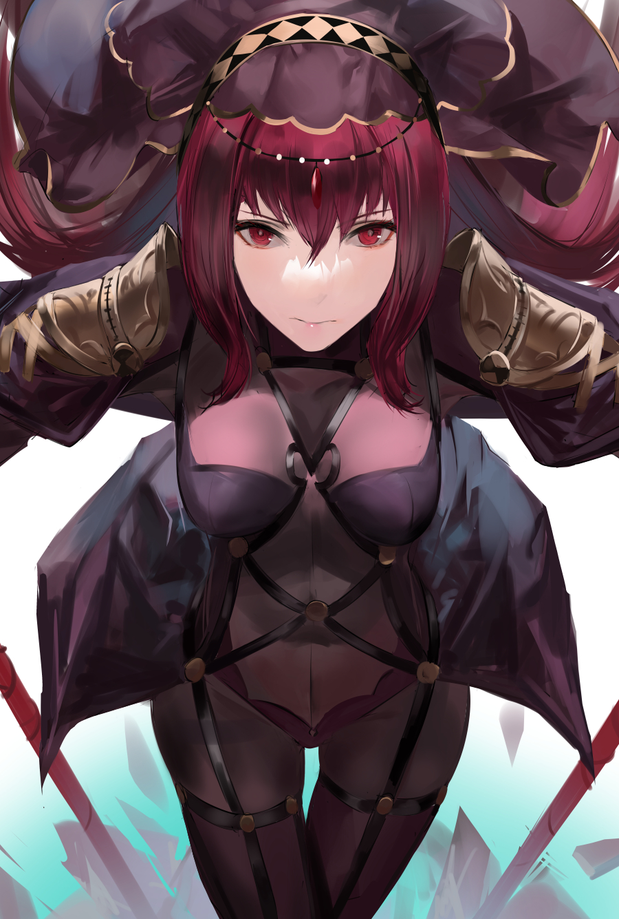 1girl armor blazpu bodysuit dual_wielding english_commentary expressionless fate/grand_order fate_(series) gae_bolg_(fate) highres holding leotard long_hair looking_at_viewer pauldrons polearm purple_bodysuit purple_hair purple_leotard red_eyes scathach_(fate) scathach_(fate)_(all) shoulder_armor solo spear very_long_hair weapon