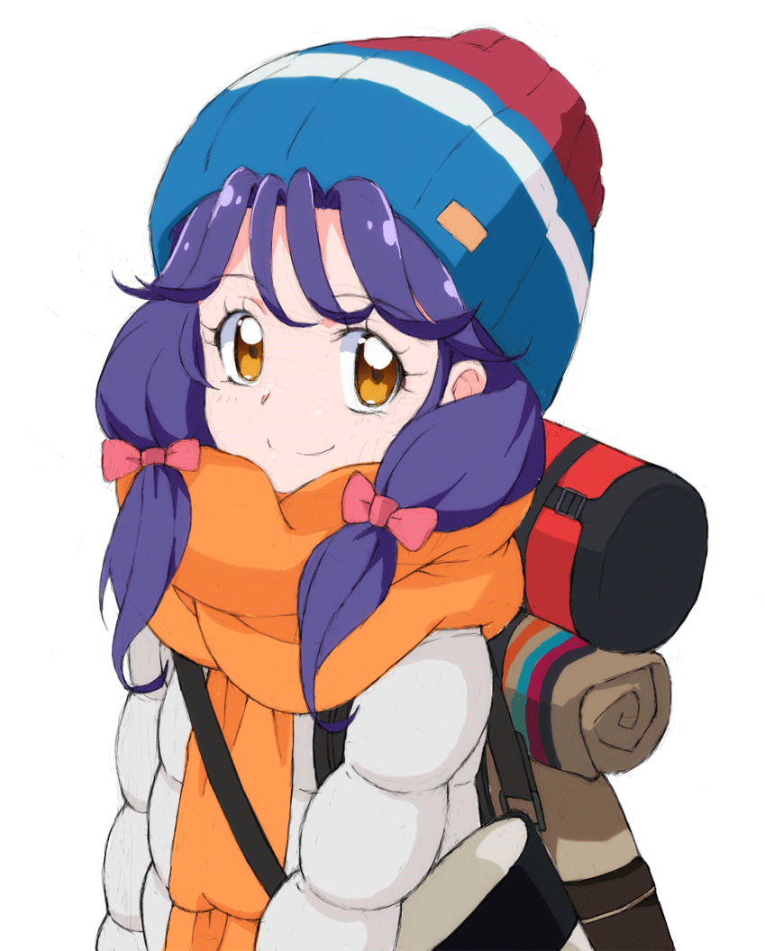 1girl backpack bag bangs beanie blue_headwear blush bow brown_eyes coat cosplay eyebrows_visible_through_hair hair_bow hanamori_yumiri hat heart heart_in_eye kagamihara_nadeshiko kagamihara_nadeshiko_(cosplay) kayabakoro long_hair looking_at_viewer low-tied_long_hair low_twintails multicolored multicolored_clothes multicolored_headwear orange_scarf pink_bow precure purple_hair red_headwear scarf seiyuu_connection simple_background sketch smile solo suzumura_sango symbol_in_eye tropical-rouge!_precure twintails upper_body white_background white_stripes winter_clothes winter_coat yurucamp