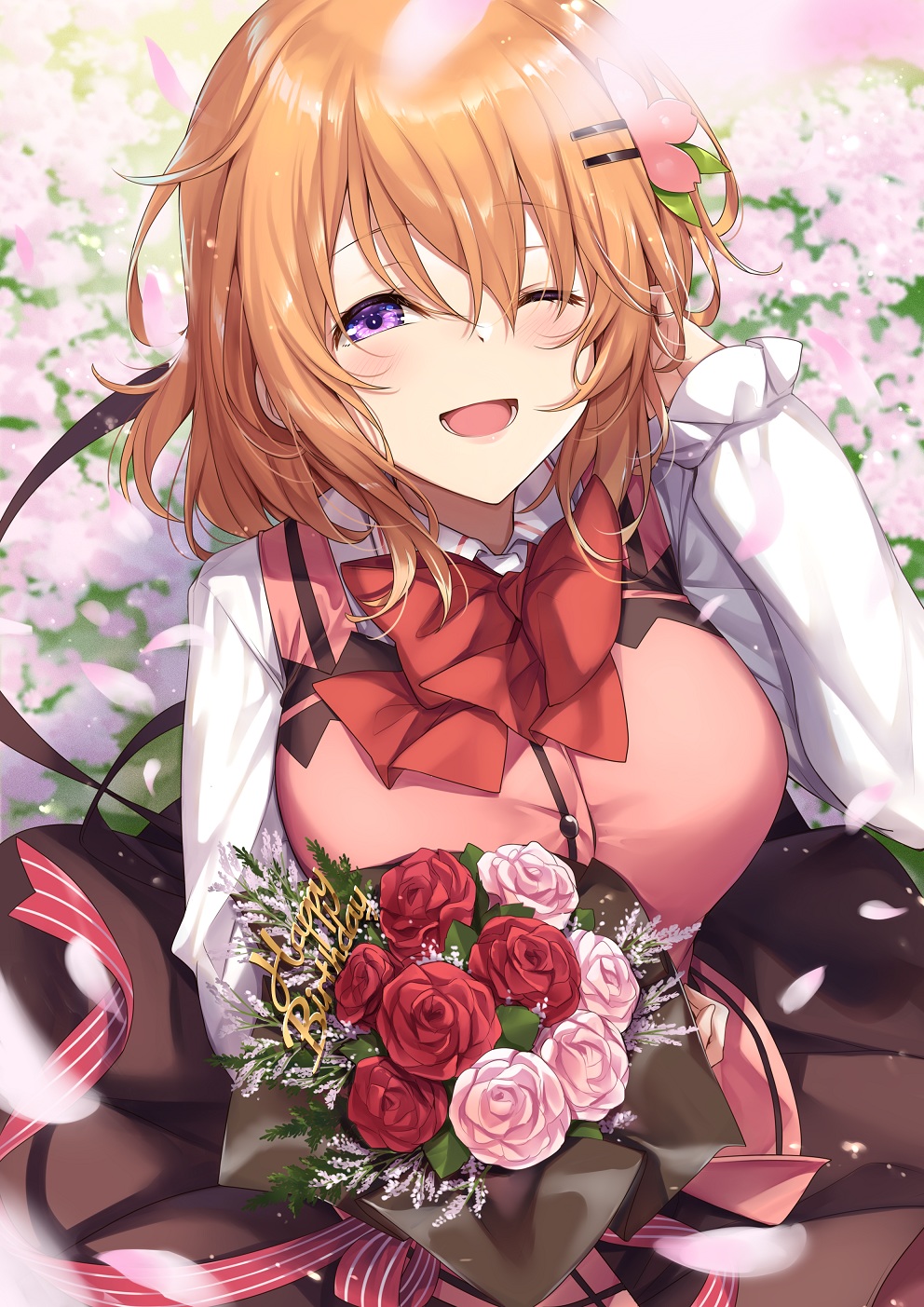 1girl bangs blush bouquet breasts brown_skirt collared_shirt eyebrows_visible_through_hair flower gochuumon_wa_usagi_desu_ka? hair_between_eyes hair_ornament hairclip hand_in_hair highres hoto_cocoa ks_(xephyrks) large_breasts long_sleeves looking_at_viewer medium_hair one_eye_closed open_mouth orange_hair outdoors pink_vest rose shirt skirt smile solo vest violet_eyes white_shirt