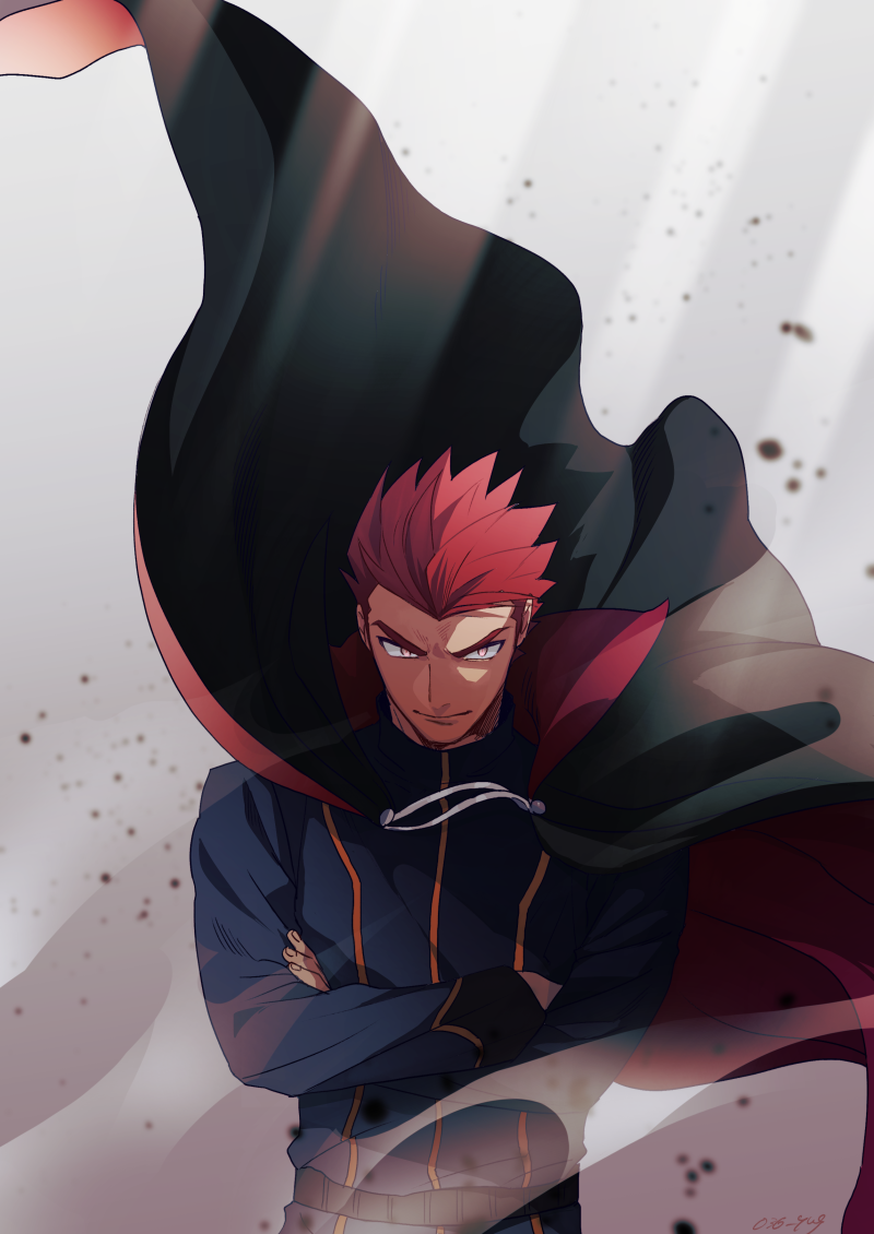 1boy black_cape blue_jacket blurry cape closed_mouth commentary_request crossed_arms fingernails floating_cape jacket lance_(pokemon) light_smile long_sleeves male_focus pokemon pokemon_(game) pokemon_hgss popped_collar redhead short_hair sideways_glance solo spiky_hair y_(036_yng)