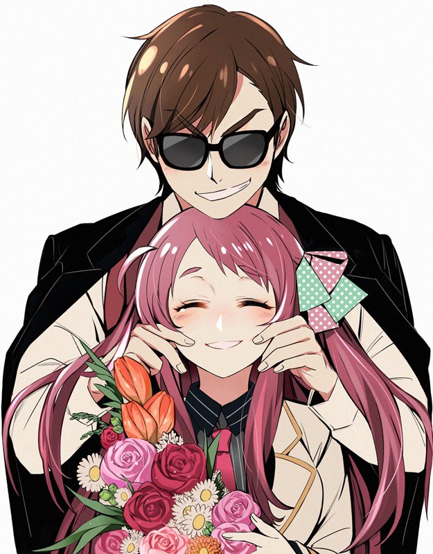 1boy 1girl bangs black_cape black_shirt bouquet bow brown_hair brown_vest cape cheek_pinching closed_eyes collared_shirt da_huang facing_viewer flower green_bow grin hair_bobbles hair_ornament holding holding_bouquet jacket long_sleeves minamoto_sakura necktie pinching polka_dot polka_dot_bow red_bow red_neckwear redhead shirt short_hair simple_background smile smirk standing sunglasses swept_bangs tatsumi_koutarou two_side_up vest white_background white_jacket white_shirt wing_collar zombie_land_saga