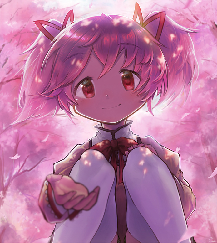 1girl animal autumn_(ota_mn) backlighting blurry cat cherry_blossoms closed_mouth dappled_sunlight day depth_of_field dot_nose eyebrows_visible_through_hair feet_out_of_frame flower from_below hair_ribbon hand_on_own_knee happy high_collar juliet_sleeves kaname_madoka kneeling knees_together_feet_apart light_blush long_sleeves looking_at_viewer mahou_shoujo_madoka_magica mitakihara_school_uniform neck_ribbon outdoors outstretched_hand petals pink_eyes pink_flower pink_hair pink_theme puffy_sleeves reaching_out red_ribbon reflective_eyes ribbon school_uniform shiny shiny_hair signature skindentation smile solo spring_(season) sunlight tareme thigh-highs tree tree_branch twintails uniform white_legwear zettai_ryouiki