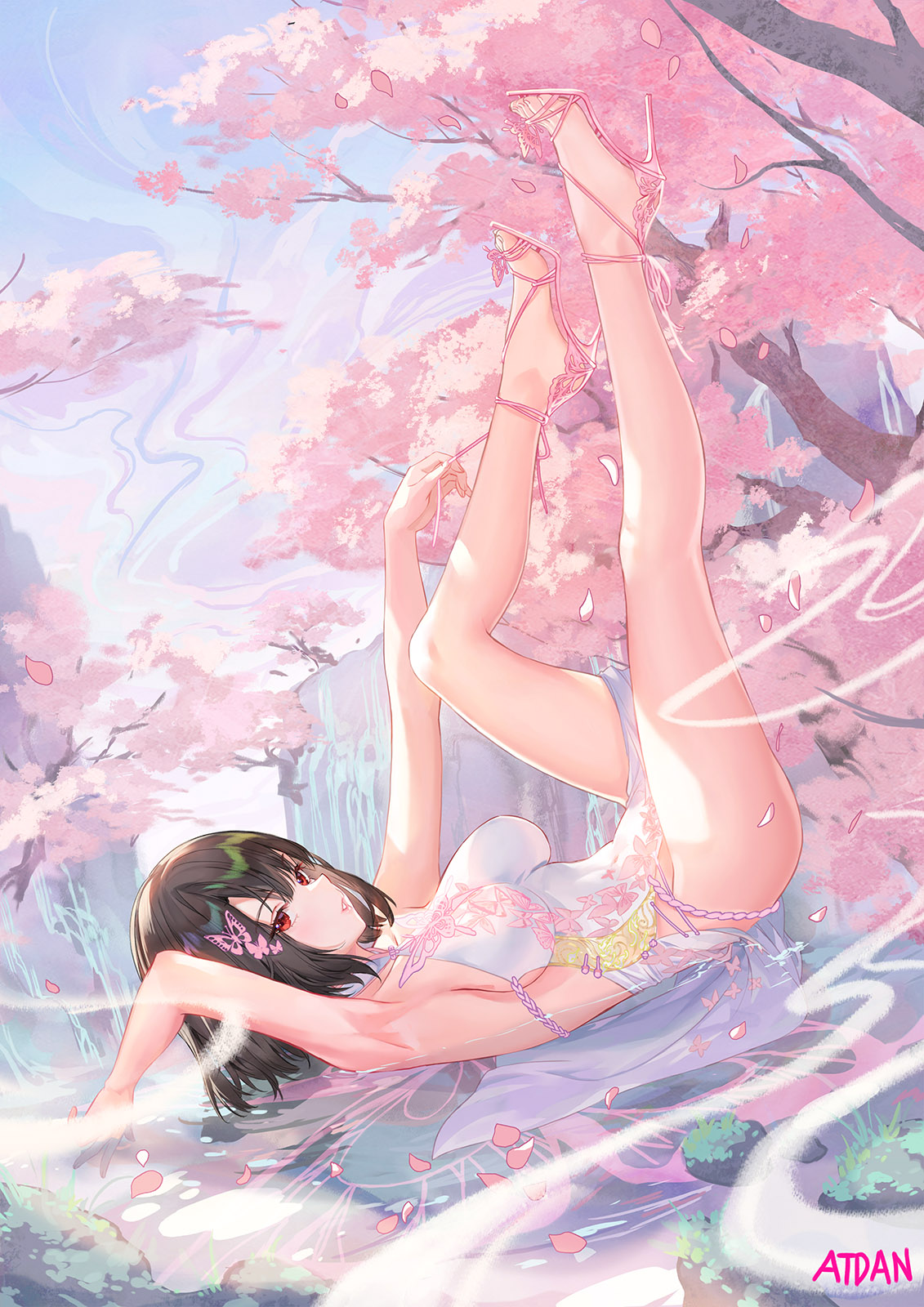 1girl arm_up armpits atdan bare_arms bare_legs bare_shoulders black_hair breasts cherry_blossoms dress feet hair_ornament high_heels highres large_breasts legs_up looking_at_viewer lying no_panties on_back original outdoors parted_lips pelvic_curtain petals pink_theme red_eyes revision short_hair sleeveless sleeveless_dress solo thighs tree water white_dress