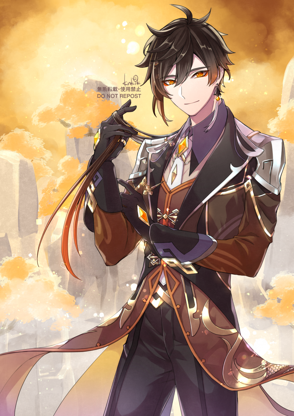 1boy bangs black_gloves black_hair brown_hair chinese_text closed_mouth collared_shirt commentary_request earrings eyebrows_visible_through_hair eyeliner eyeshadow flower_ming_yu formal genshin_impact gloves gradient_hair hair_between_eyes hand_in_hair hand_on_own_arm highres jacket jewelry long_hair long_sleeves looking_at_viewer makeup male_focus mountain multicolored_hair necktie orange_hair outdoors ponytail red_eyeshadow repost_notice shirt single_earring smile solo suit tassel tassel_earrings thumb_ring translation_request tree yellow_eyes zhongli_(genshin_impact)