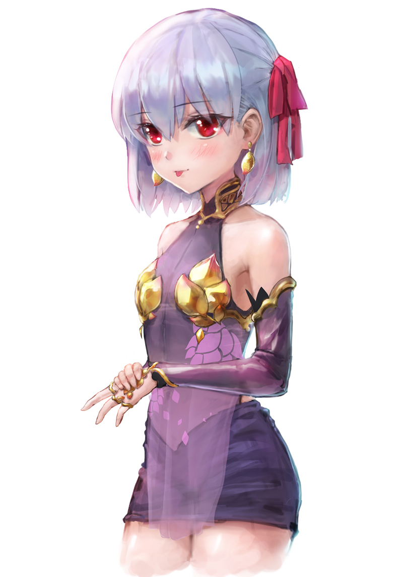 1girl armlet armor bangs bare_shoulders bikini_armor blush bracelet breasts collar detached_sleeves dress earrings fate/grand_order fate_(series) floral_print hair_ribbon jewelry kama_(fate) looking_at_viewer metal_collar miniskirt pelvic_curtain purple_dress purple_skirt purple_sleeves red_eyes ribbon ring short_hair silver_hair skirt small_breasts smile sterben thighs tongue tongue_out