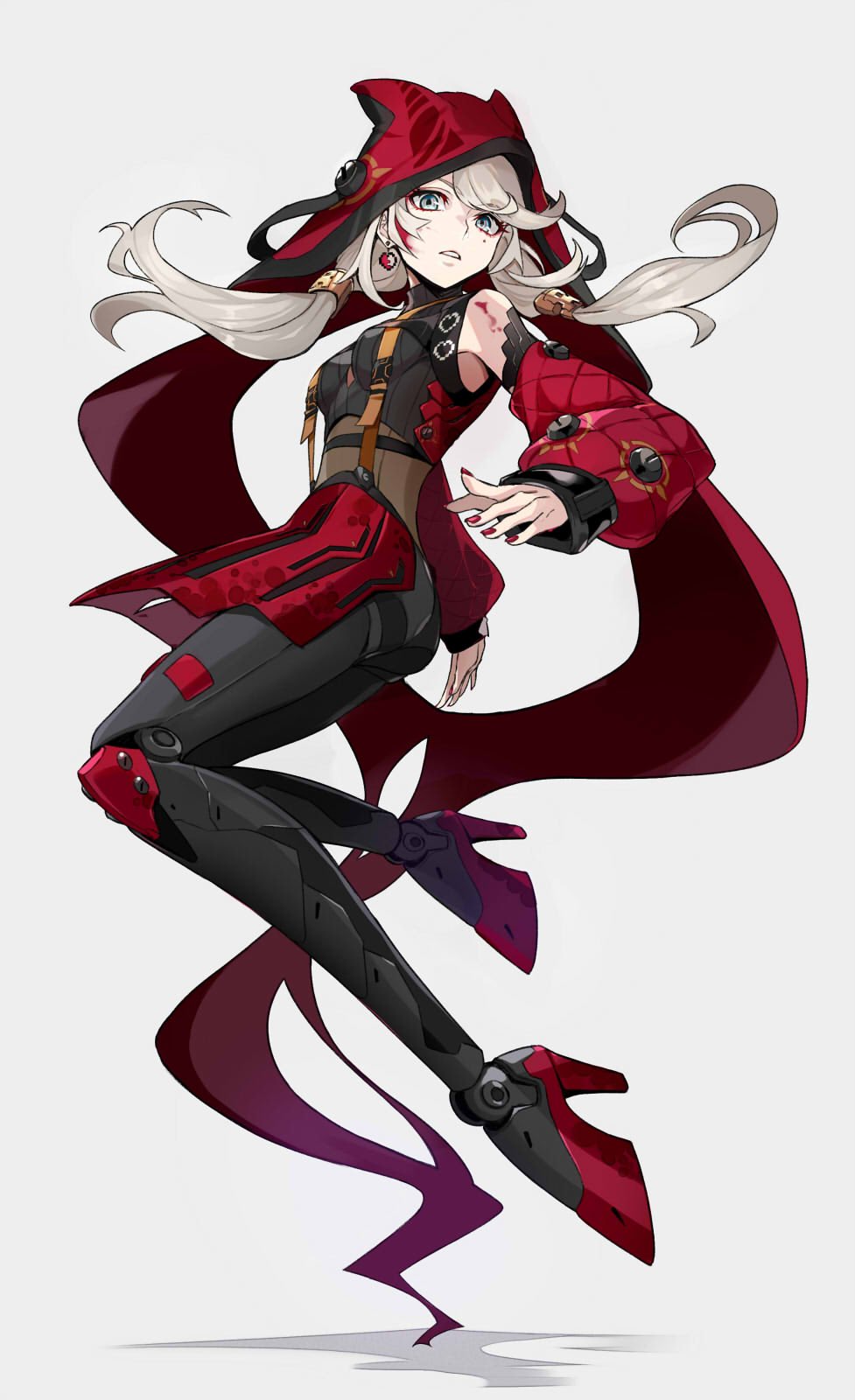 1girl animal_hat bangs blood blood_on_face blue_eyes breasts detached_sleeves earrings full_body grey_hair hair_tubes hat high_heels highres jewelry little_red_riding_hood little_red_riding_hood_(grimm) long_hair looking_at_viewer mechanical_legs pokimari red_headwear small_breasts solo suspenders twintails white_background