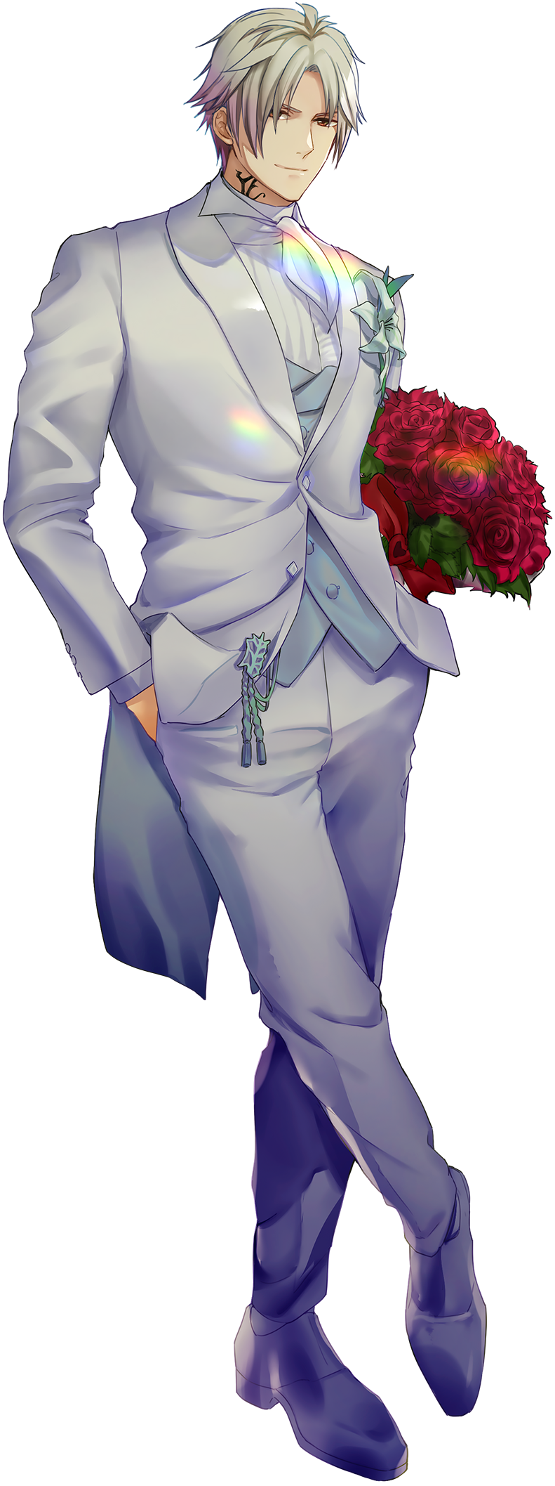 1boy arms_at_sides ascot bouquet brown_eyes buttons closed_mouth crossed_legs final_fantasy final_fantasy_xiv flower formal full_body grey_hair groom hand_in_pocket highres hyur jacket looking_at_viewer male_focus neck_tattoo pants pmoazi pocket red_flower red_rose rose shoes short_hair smile solo standing standing_on_one_leg suit suit_jacket tattoo thancred_waters transparent_background tuxedo vest white_jacket white_neckwear white_pants white_suit