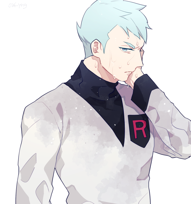 1boy archer_(pokemon) bangs closed_mouth commentary_request green_eyes green_hair grey_jacket hand_up jacket long_sleeves male_focus pokemon pokemon_(game) pokemon_hgss short_hair simple_background solo team_rocket team_rocket_uniform undershirt upper_body v-neck wet white_background y_(036_yng)