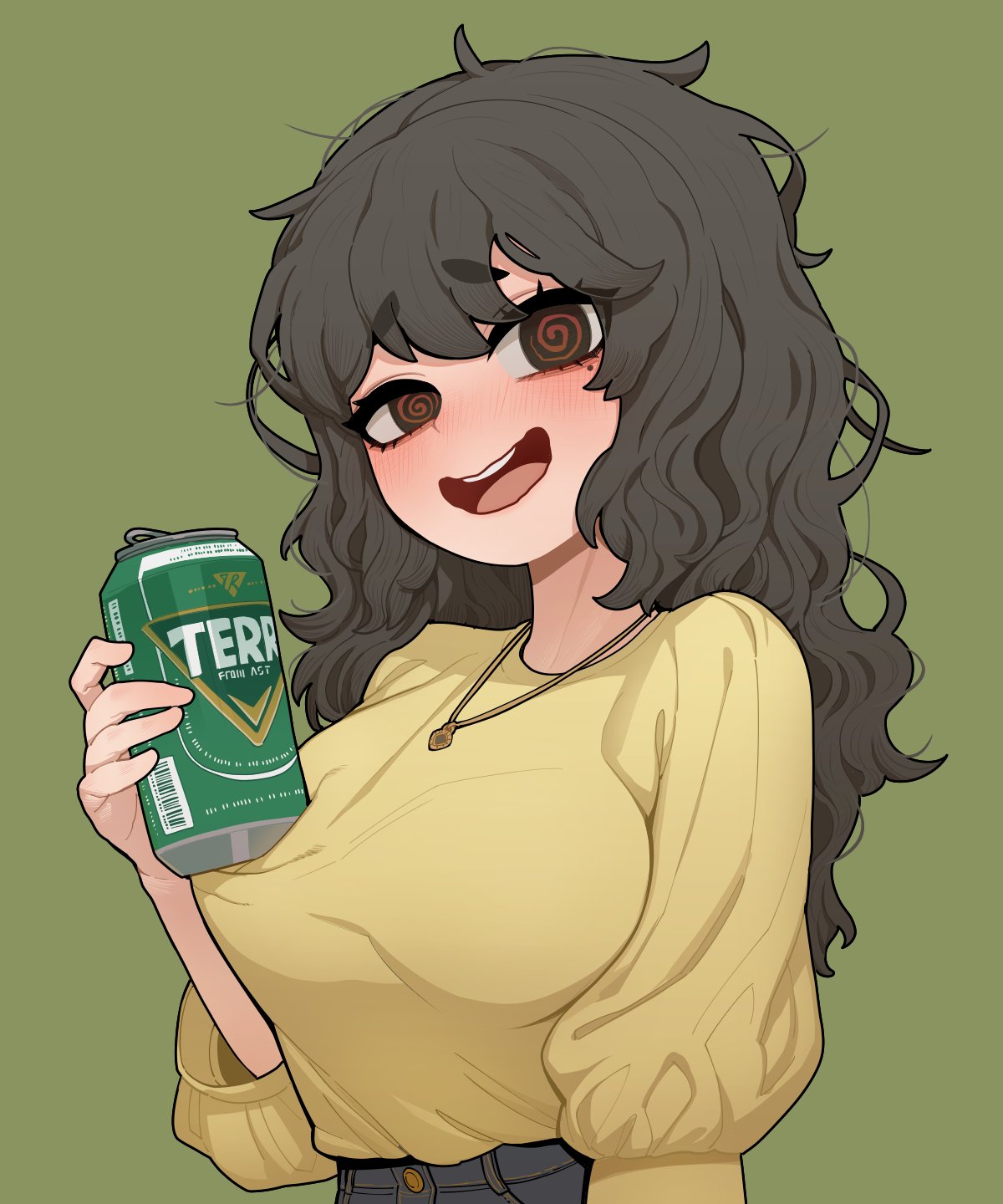 1girl @_@ alcohol bangs beer beer_can black_hair blouse blush breasts can commission drunk english_commentary eyebrows_visible_through_hair green_background highres holding holding_can jewelry long_hair medium_breasts messy_hair mole mole_under_eye necklace open_mouth orange_eyes original simple_background solo sparrowl terra_(beer) thick_eyebrows upper_teeth wavy_mouth yellow_blouse