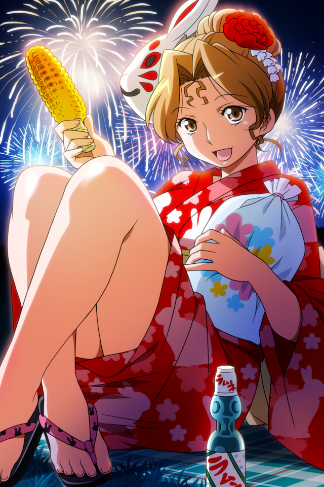 1girl animal_print bag bottle brown_eyes brown_hair bunny_mask bunny_print corn crossed_ankles drink eyebrows_visible_through_hair fireworks floral_print flower food grilled_corn hair_flower hair_ornament hayasaka_akira holding holding_bag holding_food japanese_clothes kimono knees_up long_sleeves mask mask_on_head night non-web_source obi official_art open_mouth outdoors photoshop_(medium) popcorn ramune red_kimono sandals sash solo super_real_mahjong tanaka_ryou updo wide_sleeves