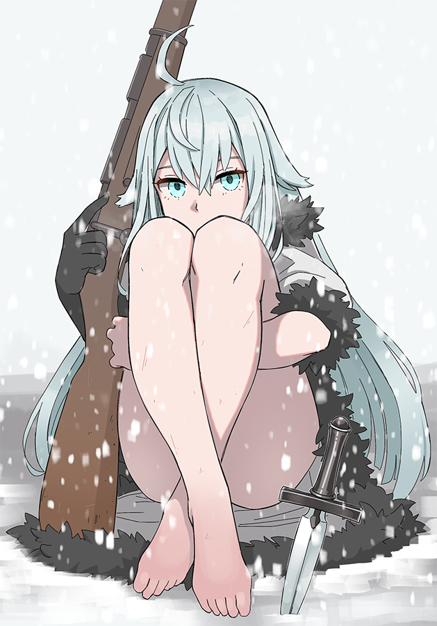 1girl ahoge bare_legs barefoot blue_eyes bolt_action coat codename:_bakery_girl commentary_request dagger fur_trim gloves gun hair_between_eyes hair_flaps jefuty_(bakery_girl) leg_hug legs long_hair looking_at_viewer mosin-nagant rifle silver_hair single_glove sitting snow solo tab_(tabkun) weapon