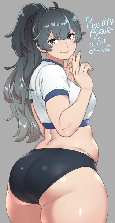 1girl 2021 agawa_ryou artist_name ass black_hair breasts dated english_commentary from_behind grey_background gym_uniform long_hair looking_at_viewer looking_back original plump signature simple_background smile smirk solo thick_thighs thighs
