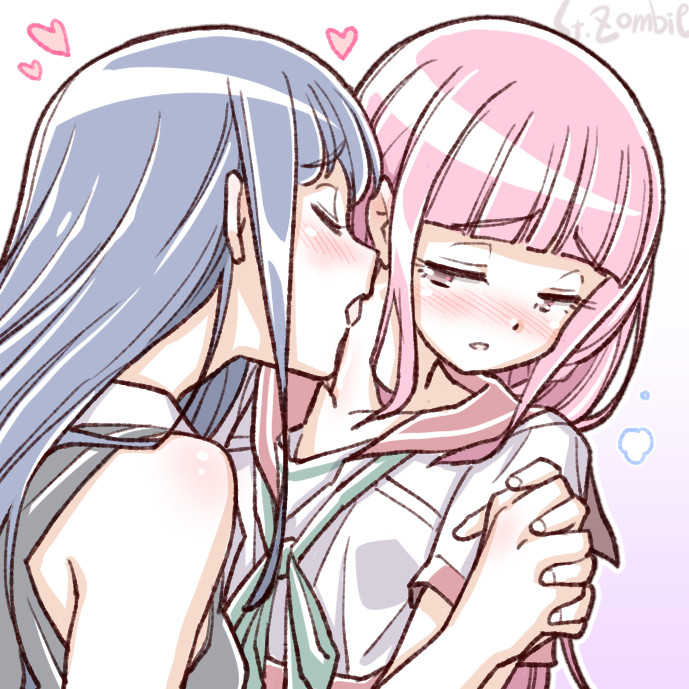 2girls artist_name blue_hair blush closed_eyes heart holding_hands interlocked_fingers licking long_hair magia_record:_mahou_shoujo_madoka_magica_gaiden mahou_shoujo_madoka_magica multiple_girls nanami_yachiyo neck_licking pink_hair studiozombie tamaki_iroha yuri