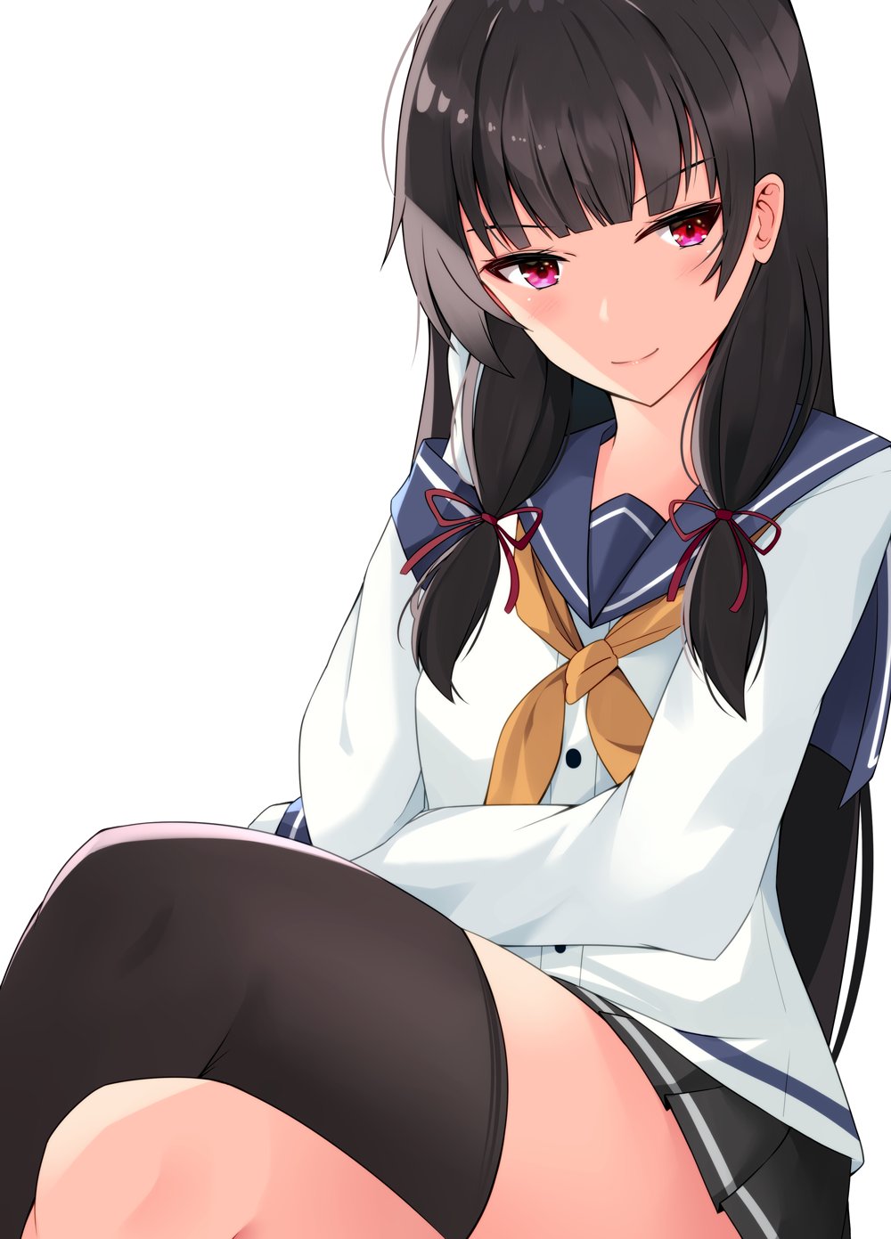 1girl asymmetrical_legwear black_hair black_skirt crossed_legs gloves hair_ribbon highres isokaze_(kancolle) kantai_collection long_hair long_sleeves looking_at_viewer pleated_skirt red_eyes ribbon school_uniform serafuku single_thighhigh skirt solo thigh-highs ton_ton_tontoro tress_ribbon white_gloves