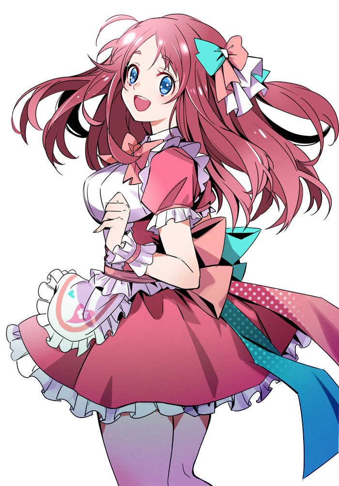 1girl apron back_bow bangs blue_eyes bow bowtie collared_dress cowboy_shot da_huang dress frilled_apron frilled_cuffs frilled_dress frilled_sleeves frills from_side green_bow hair_bow long_hair looking_at_viewer minamoto_sakura open_mouth pink_bow puffy_short_sleeves puffy_sleeves red_dress red_neckwear redhead short_dress short_sleeves simple_background smile solo standing swept_bangs waist_apron white_apron white_background zombie_land_saga