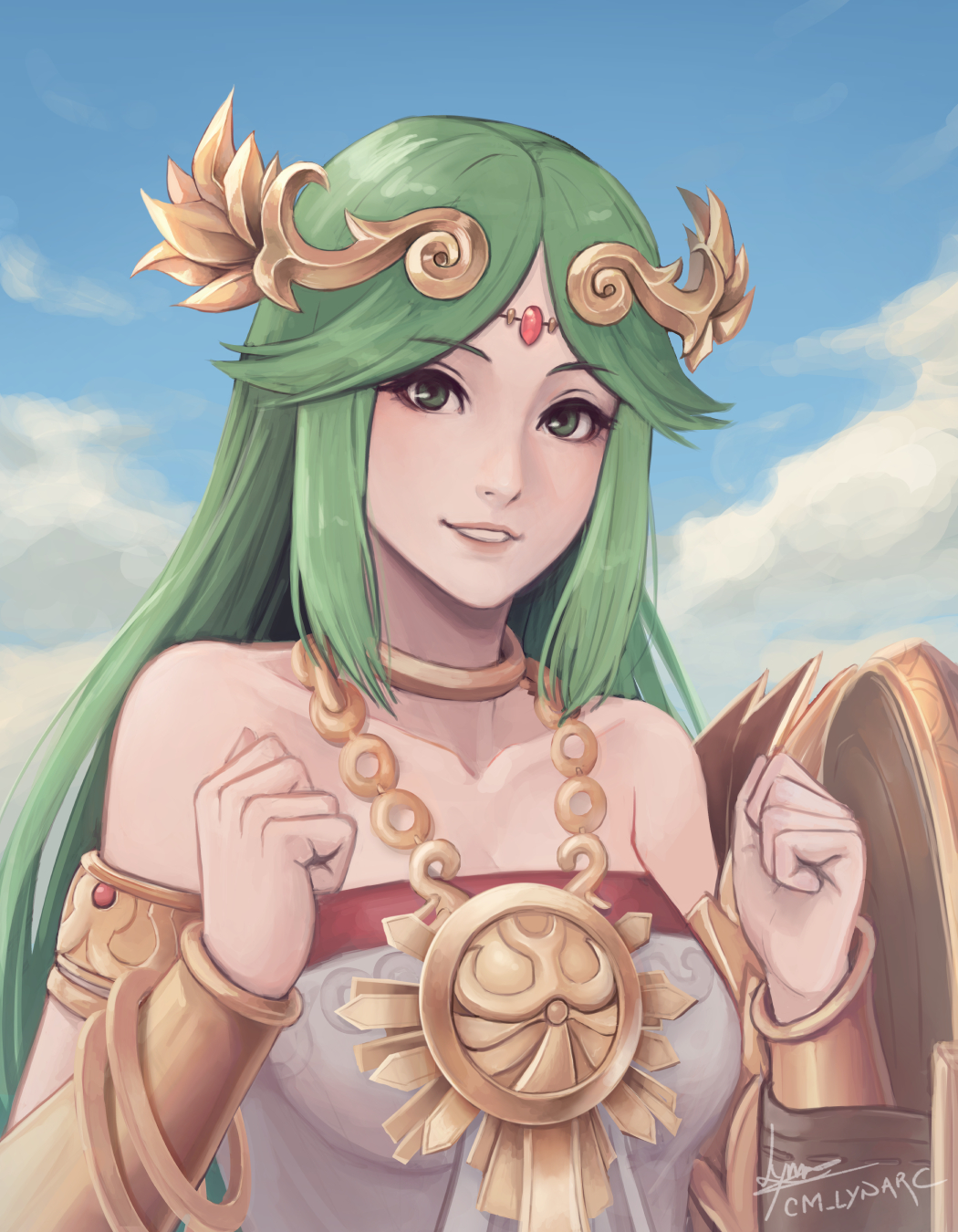 1girl armlet artist_name bangs bare_shoulders bracer breasts circlet clouds cm_lynarc collarbone commentary day dress english_commentary eyebrows_visible_through_hair gold_headband green_eyes green_hair hair_ornament happy headband highres jewelry kid_icarus kid_icarus_uprising laurel_crown lips long_hair looking_at_viewer medium_breasts neck_ring necklace palutena parted_bangs parted_lips shield signature sky smile solo strapless strapless_dress teeth upper_body white_dress