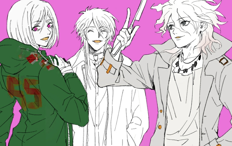 3boys :o akudama_drive closed_eyes color_connection cosplay costume_switch cutthroat_(akudama_drive) dangan_ronpa_(series) dangan_ronpa_2:_goodbye_despair facing_viewer green_jacket hair_between_eyes hands_in_pockets hood hood_down hooded_jacket jacket jewelry komaeda_nagito long_hair long_sleeves looking_back makishima_shougo male_focus messy_hair mihael66 multiple_boys necklace pink_background psycho-pass scalpel shirt trait_connection upper_body white_hair white_shirt