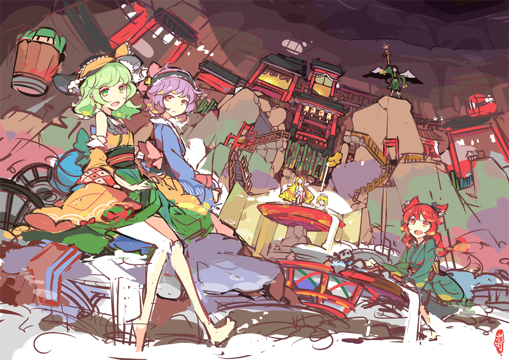 :d architecture bathing black_headwear blue_shirt bridge bucket cup detached_sleeves east_asian_architecture green_eyes green_hair green_kimono hairband hat hoshiguma_yuugi ideolo in_container japanese_clothes kaenbyou_rin kimono kisume komeiji_koishi komeiji_satori looking_at_viewer mizuhashi_parsee open_mouth pink_eyes pink_hair red_eyes redhead reiuji_utsuho sakazuki shirt skirt_hold smile touhou wide_sleeves wooden_bucket yellow_kimono