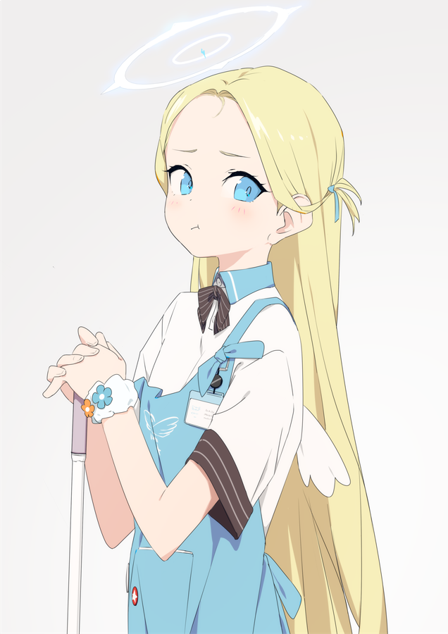 1girl :t apron aqua_eyes blonde_hair blue_apron blue_archive blush bow bowtie employee_uniform forehead grey_background halo id_card long_hair off_shoulder pout scrunchie shirt simple_background sohin solo sora_(blue_archive) twintails two_side_up uniform very_long_hair white_shirt wings wrist_scrunchie