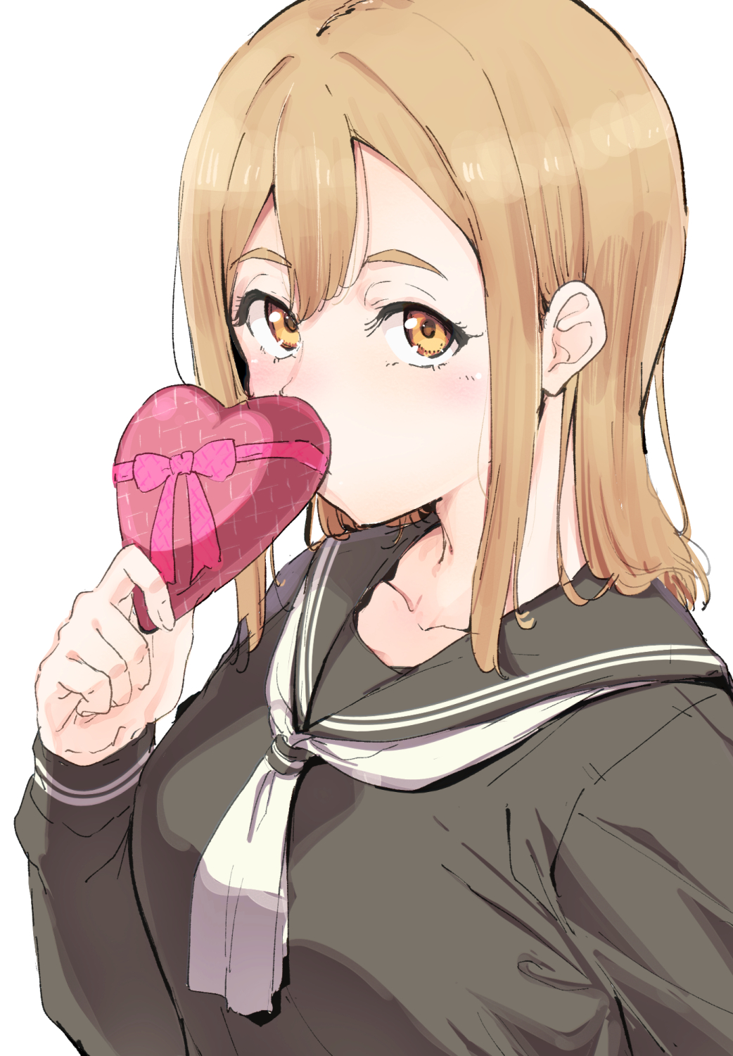 1girl alp bangs black_serafuku blush box breasts heart-shaped_box highres kunikida_hanamaru large_breasts light_brown_hair long_sleeves looking_at_viewer love_live! love_live!_sunshine!! medium_hair neckerchief orange_eyes sailor_collar school_uniform serafuku sidelocks sketch solo upper_body upturned_eyes valentine white_background white_neckwear