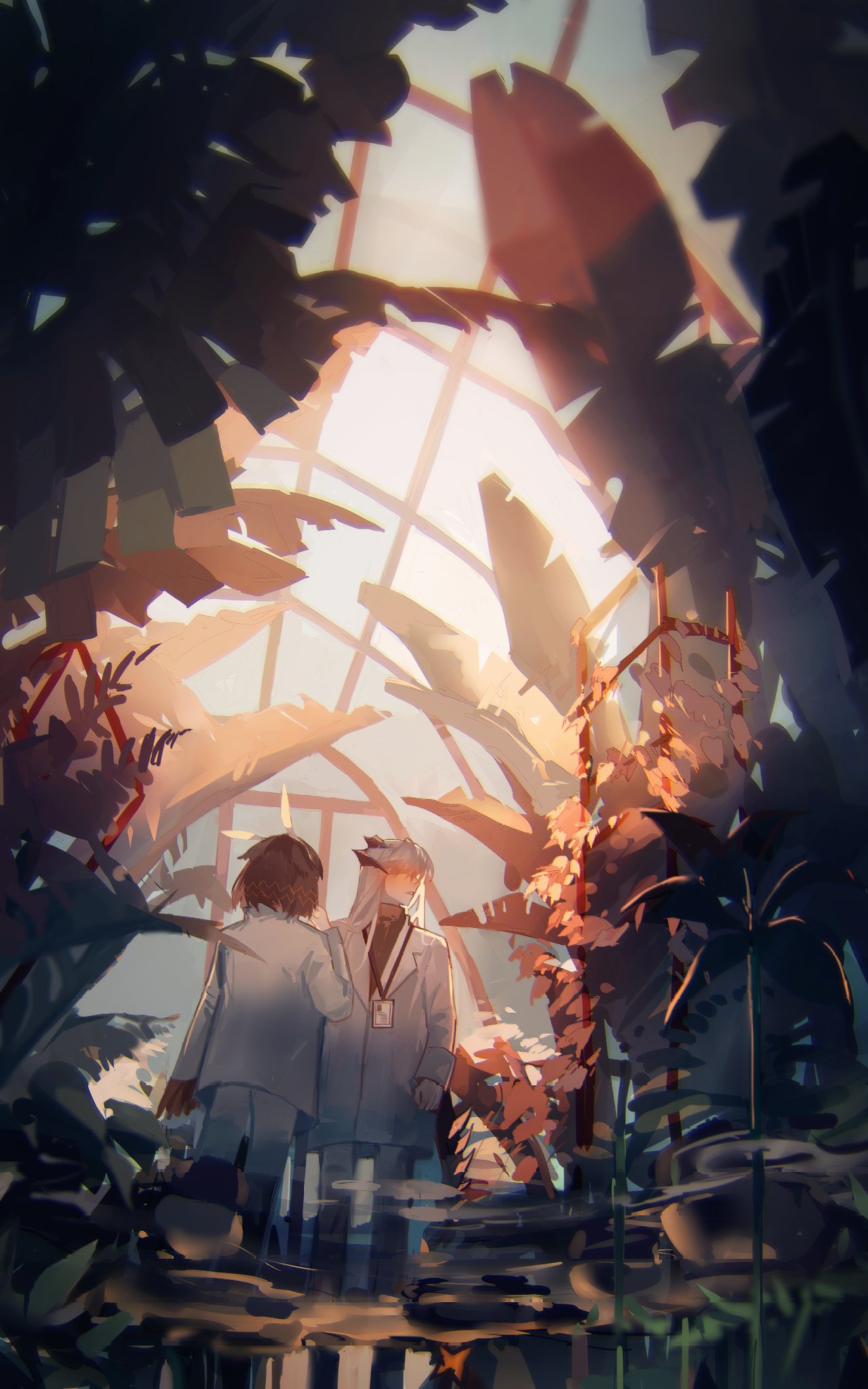 2girls arknights black_sweater blush brown_hair dragon_horns feather_hair feathers greenhouse highres horns id_card labcoat lanyard llmia4 long_hair multiple_girls pants plant saria_(arknights) short_hair silence_(arknights) sunlight sweater tree turtleneck white_hair white_pants