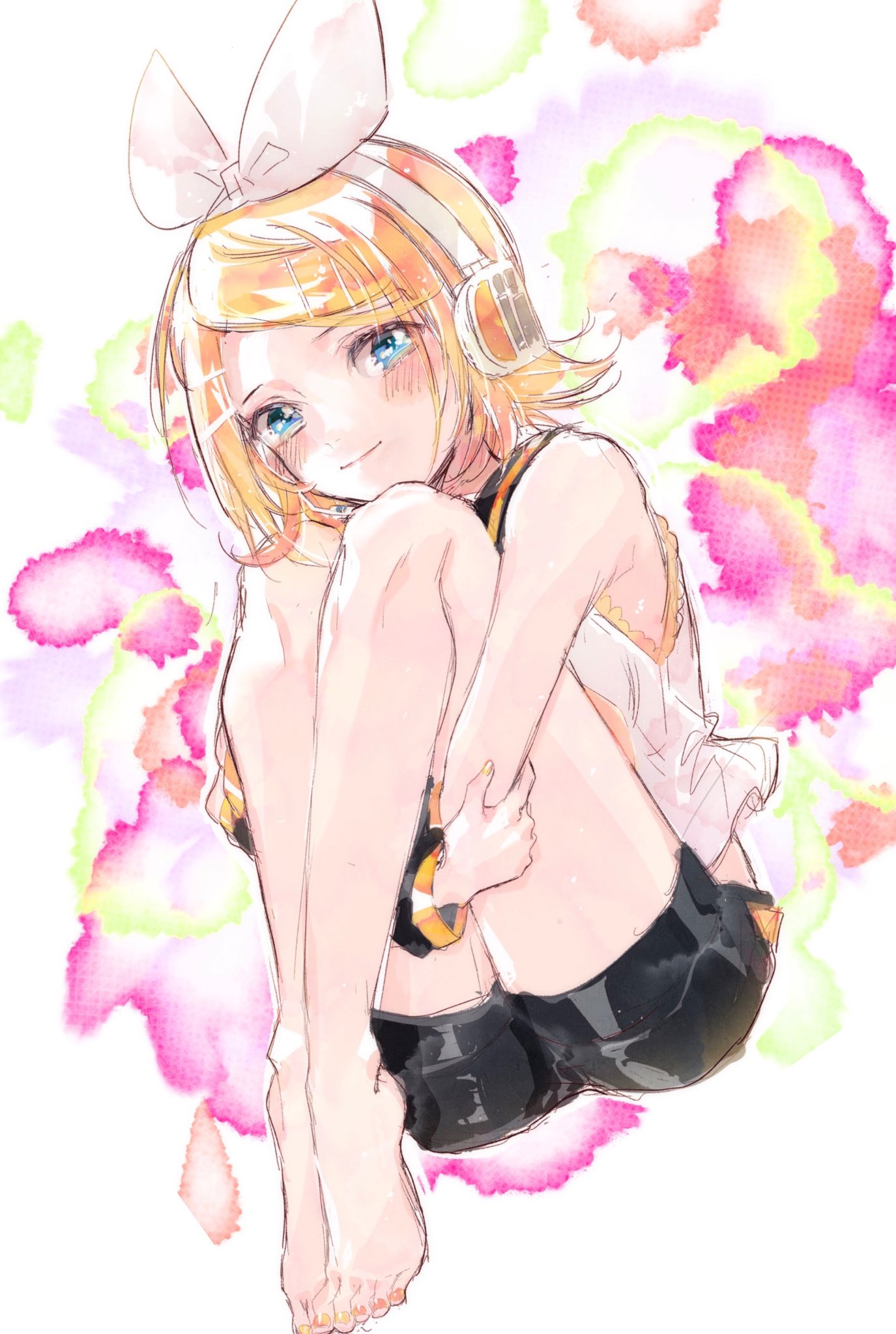 1girl bare_legs bare_shoulders barefoot blonde_hair blue_eyes blush bow detached_sleeves feet_together grabbing_own_thigh hair_bow hair_ornament hairclip headphones headset highres kagamine_rin knees_to_chest knees_together knees_up kzs_souko looking_at_viewer sailor_collar shirt shorts siblings sitting sleeveless sleeveless_shirt smile solo toes twins vocaloid yellow_nails