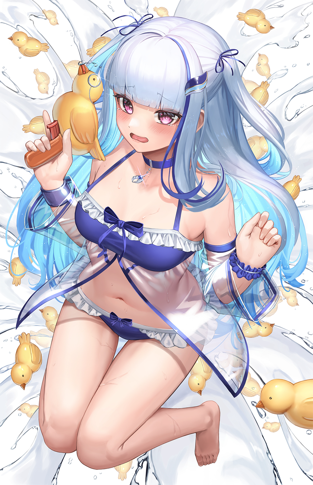 1girl bangs bare_shoulders barefoot bikini blue_choker blue_hair blunt_bangs blush breasts choker colored_inner_hair commentary_request detached_sleeves eyebrows_visible_through_hair frilled_bikini frills full_body hair_ornament hair_ribbon highres jacket jewelry knees_together_feet_apart lize_helesta long_hair looking_at_viewer medium_breasts monocle multicolored_hair necklace nijisanji open_mouth pink_eyes purple_hair ribbon rubber_duck see-through see-through_sleeves silver_hair simple_background sleeves_past_wrists solo streaked_hair suraimu_(suraimuraimu) swimsuit symbol_commentary thighs trigger_discipline two_side_up virtual_youtuber water water_drop water_gun white_background