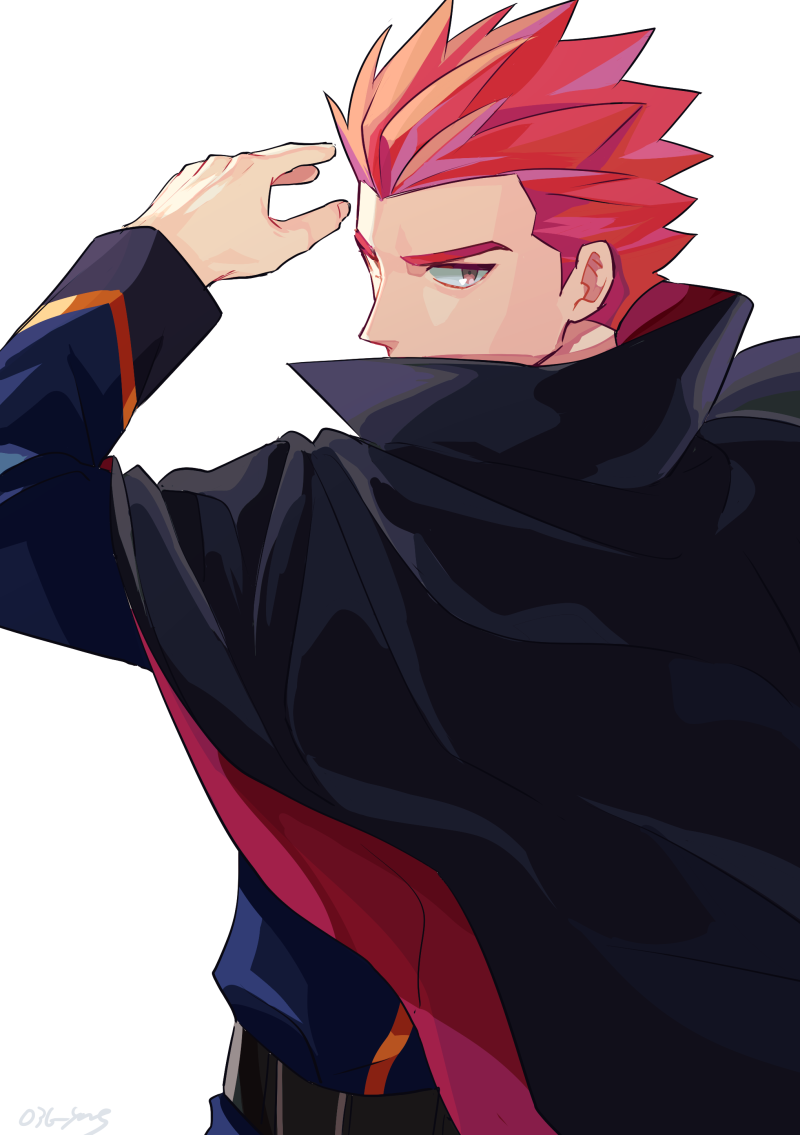 1boy belt black_cape blue_jacket cape commentary_request hand_up jacket lance_(pokemon) long_sleeves looking_back male_focus pokemon pokemon_(game) pokemon_hgss popped_collar redhead short_hair simple_background solo spiky_hair upper_body white_background y_(036_yng)
