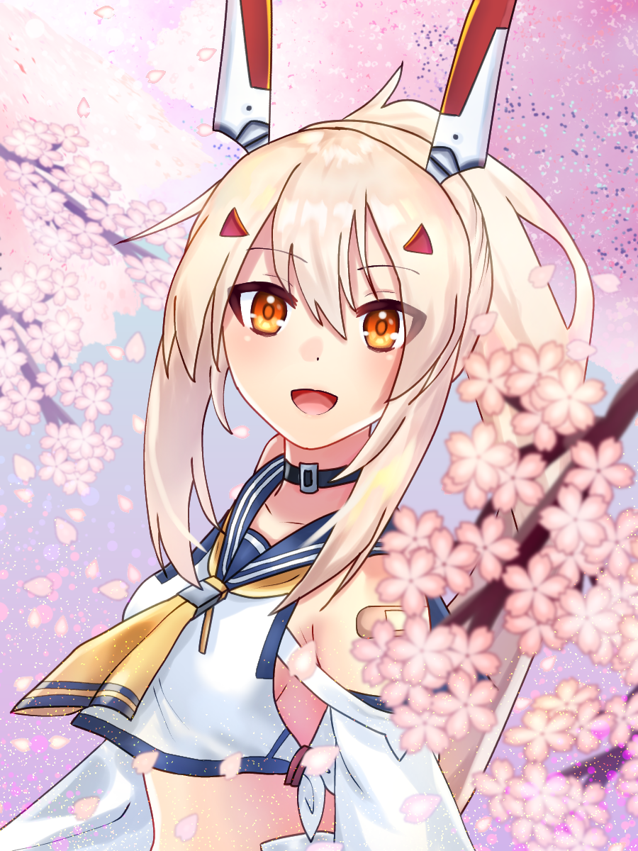 1girl :d ascot ayanami_(azur_lane) azur_lane bandaid bandaid_on_arm bangs blurry cherry_blossoms choker collarbone commentary_request depth_of_field detached_sleeves eyebrows_visible_through_hair eyes_visible_through_hair from_side hair_ornament hairclip headgear highres long_hair looking_at_viewer looking_to_the_side norimaru open_mouth orange_eyes petals platinum_blonde_hair pleated_skirt ponytail retrofit_(azur_lane) school_uniform serafuku sidelocks skirt smile solo tree_branch wide_sleeves wind