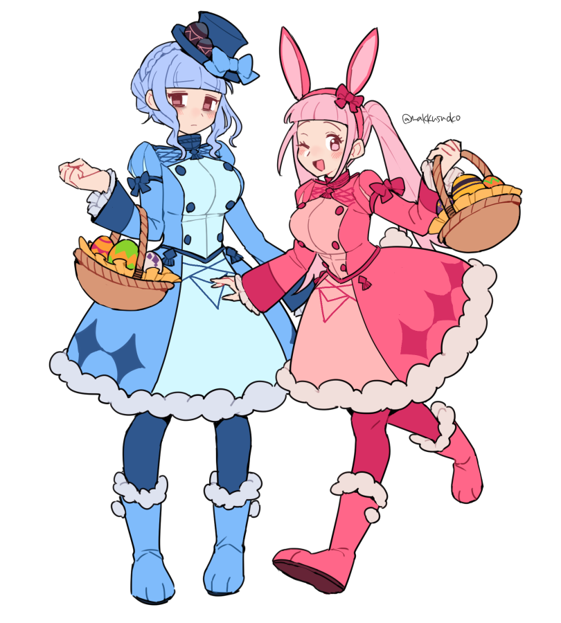 2girls ;d animal_ears bangs basket blue_dress blue_footwear blue_hair blue_headwear blue_legwear blunt_bangs blush boots bow braid breasts brown_eyes crown_braid do_m_kaeru dress easter fake_animal_ears fire_emblem fire_emblem:_three_houses full_body fur-trimmed_boots fur_trim hairband hat hat_bow hilda_valentine_goneril holding holding_basket large_breasts long_hair long_sleeves looking_at_viewer marianne_von_edmund multiple_girls one_eye_closed open_mouth pantyhose pink_dress pink_eyes pink_footwear pink_hair pink_legwear rabbit_ears smile standing top_hat twintails walking