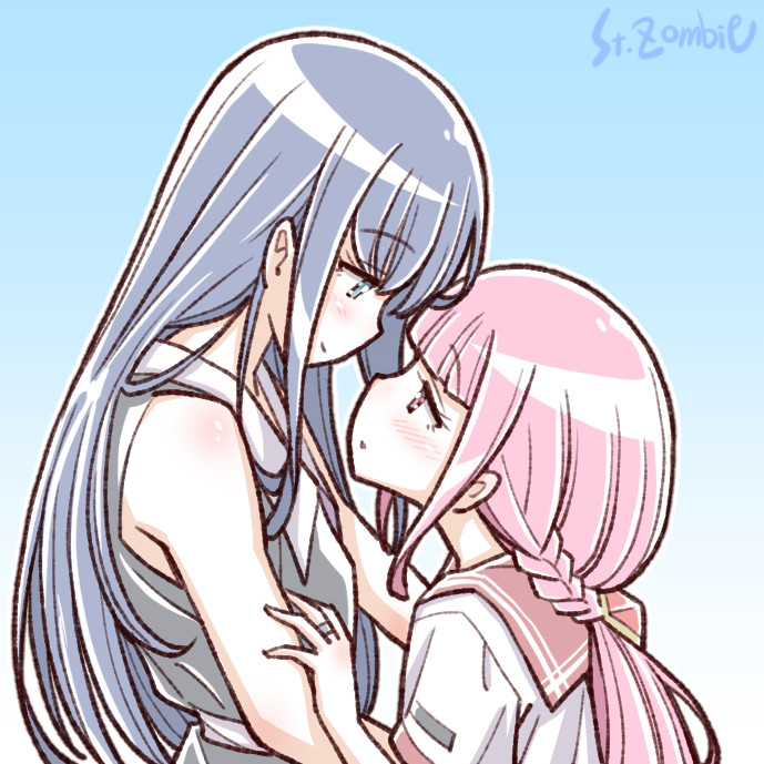 2girls artist_name blue_hair blush braid eye_contact hand_on_another's_arm height_difference long_hair looking_at_another low_ponytail magia_record:_mahou_shoujo_madoka_magica_gaiden mahou_shoujo_madoka_magica multiple_girls nanami_yachiyo pink_hair profile school_uniform serafuku shirt sleeveless sleeveless_shirt studiozombie tamaki_iroha yuri