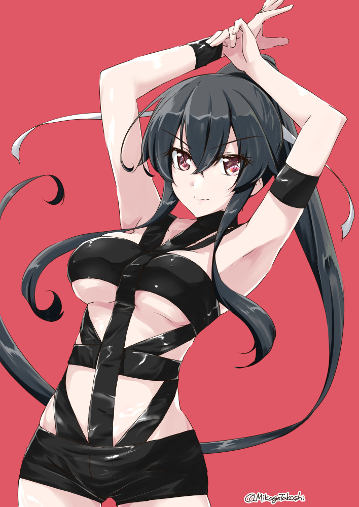 1girl arms_up bangs bondage_outfit breasts eyebrows_visible_through_hair hot_limit kantai_collection long_hair medium_breasts mikage_takashi ponytail red_background red_eyes revealing_clothes sidelocks simple_background smile solo t.m.revolution twitter_username under_boob very_long_hair wristband yahagi_(kancolle)