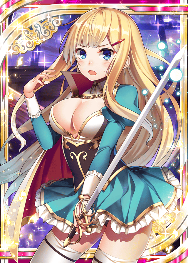 1girl :o aqua_dress blonde_hair blue_eyes breasts cape chain dress hair_ornament holding holding_weapon large_breasts long_hair looking_at_viewer official_art open_mouth ray-akila red_cape shinkai_no_valkyrie surprised sword thigh-highs underwear weapon