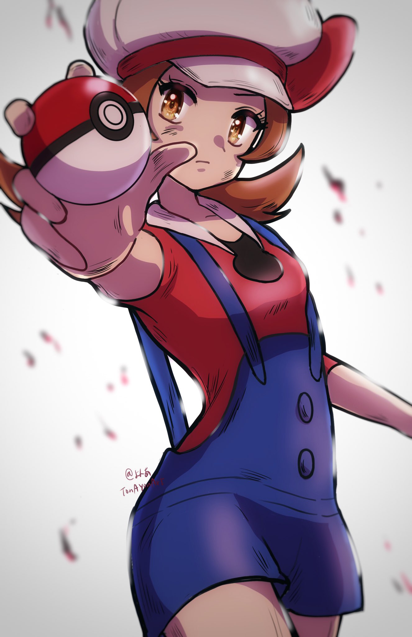 1girl blurry brown_hair buttons closed_mouth commentary dirty dirty_face eyelashes hand_up hat hat_ribbon highres holding holding_poke_ball looking_at_viewer lyra_(pokemon) orange_eyes overalls poke_ball poke_ball_(basic) pokemon pokemon_(game) pokemon_hgss red_ribbon red_shirt ribbon shirt short_sleeves solo tonayon twintails white_headwear