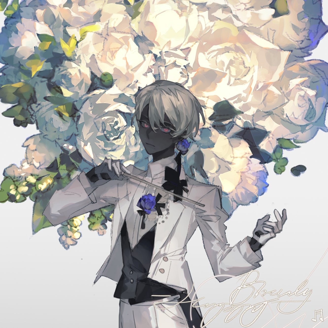 1boy baton beamed_sixteenth_notes black_ribbon black_sclera black_skin blue_flower closed_mouth colored_sclera colored_skin cursive english_text flower formal gloves grey_hair half_gloves happy_birthday highres holding jacket lapel liulianjingrua long_sleeves looking_at_viewer male_focus mole mole_under_mouth musical_note original pants pink_eyes ribbon shirt short_hair solo suit upper_body waistcoat white_flower white_gloves white_jacket white_pants white_shirt white_suit