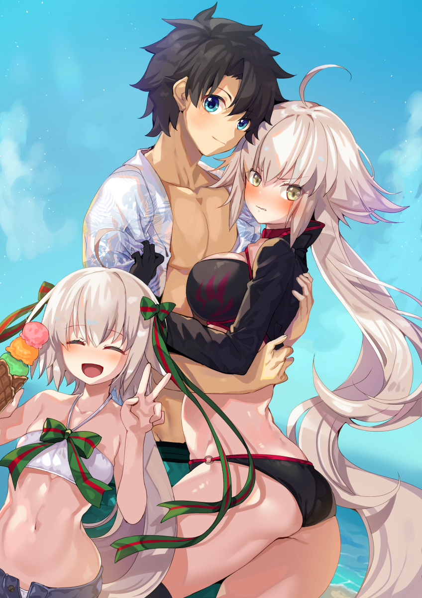 1boy 2girls ahoge ass bare_shoulders bikini black_bikini black_hair black_jacket blue_eyes blue_shorts blue_sky blush bow breasts closed_eyes collarbone commentary_request day embarrassed fate/grand_order fate_(series) floral_print food fujimaru_ritsuka_(male) green_bow hair_bow hawaiian_shirt highres holding holding_food hug ice_cream ice_cream_cone jacket jeanne_d'arc_(alter_swimsuit_berserker)_(fate) jeanne_d'arc_(fate)_(all) jeanne_d'arc_alter_santa_lily_(fate) large_breasts long_hair looking_at_viewer midriff multiple_girls ocean open_clothes open_shirt outdoors ponytail ruri_rarako shirt shorts shrug_(clothing) sky striped striped_bow swimsuit tropical_summer very_long_hair wavy_mouth white_bikini white_hair white_shirt yellow_eyes